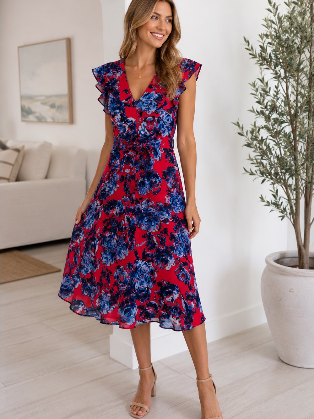 DR Collection Floral Midi Dress Pink Blue Ruffle Sleeve Size M V-Neck